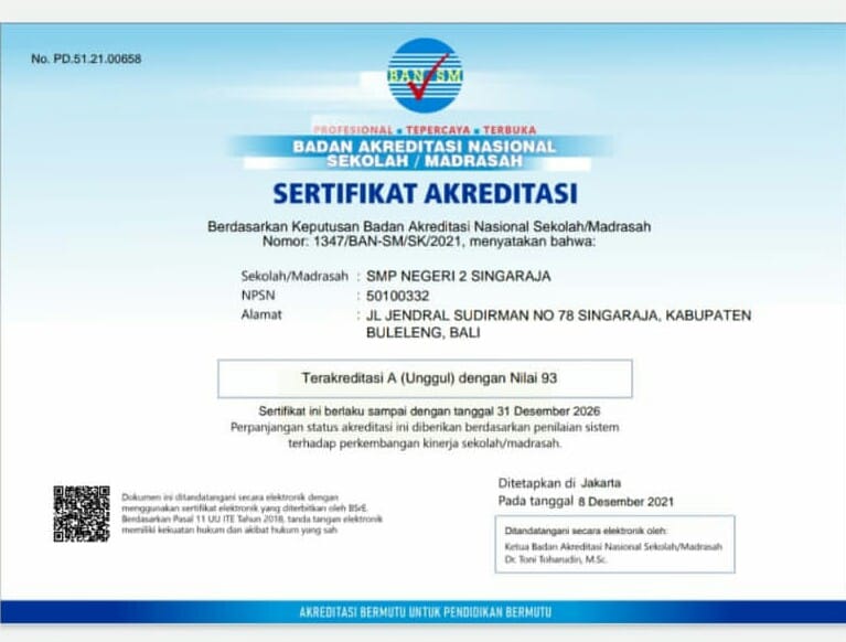 Selamat kepada SMP Negeri 2 Singaraja telah mendapatkan Sertifikat Akreditasi A